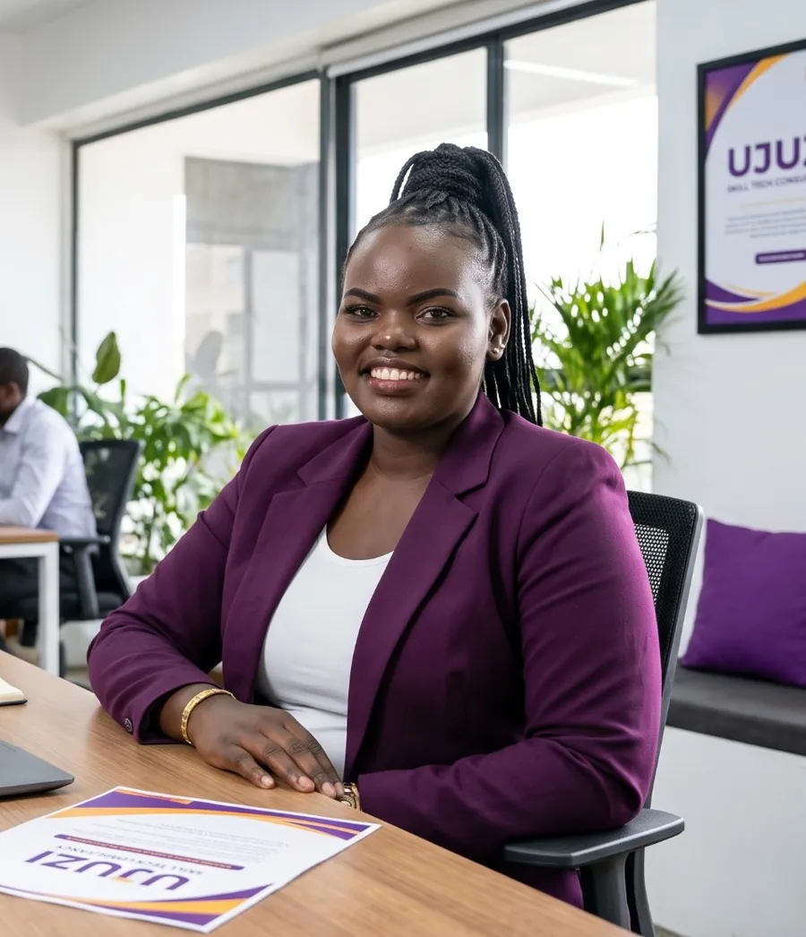 Chebet Mutwol, founder of Ujuzi Skill Tech Consultancy, at her desk